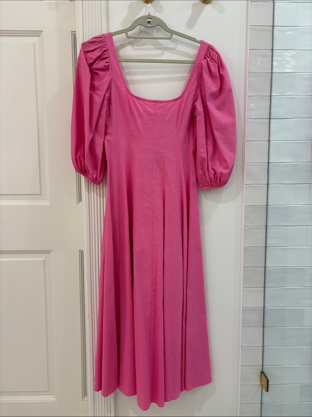 STAUD Pink Square-Neck Puff-Sleeve Midi Dress